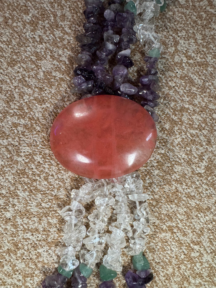 Vintage One-of-a-Kind Amethyst & Quartz Gemstone Necklace with Rose Quartz Pendant