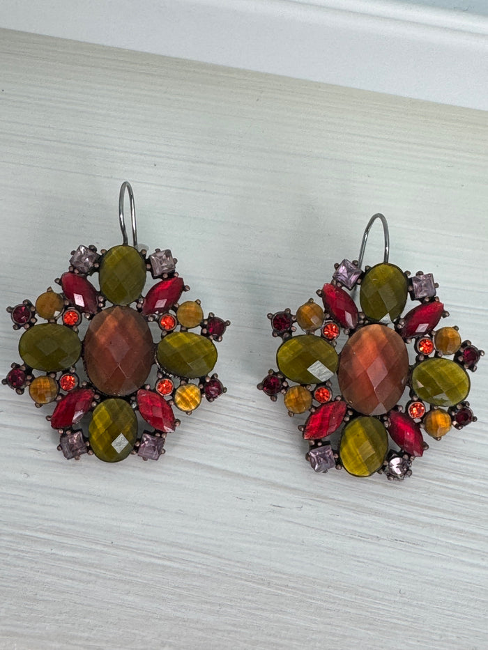 Vintage Signed Liz Claiborne "LC" Faceted Gemstone Cluster Drop Earrings