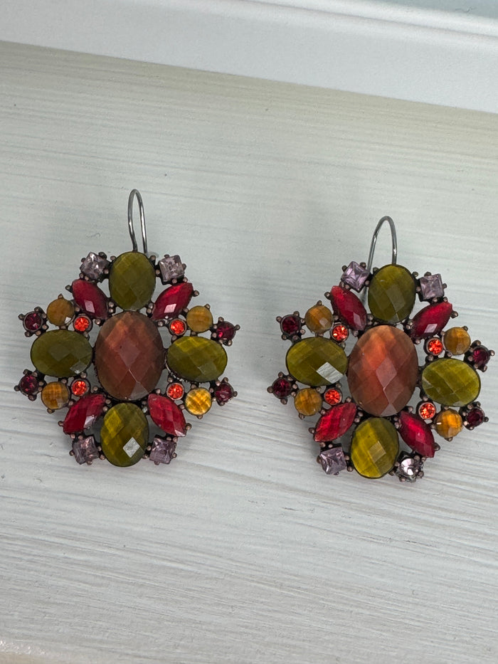 Vintage Signed Liz Claiborne "LC" Faceted Gemstone Cluster Drop Earrings