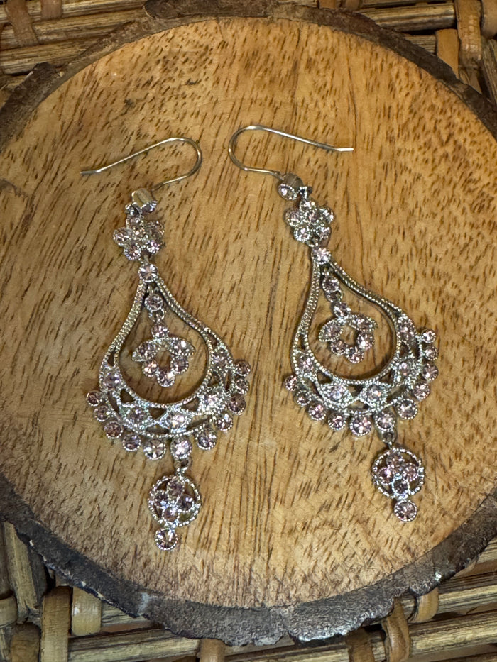 Vintage Signed Monet Dangle Earrings with Pink Rhinestones