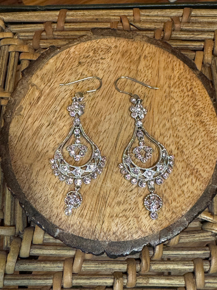 Vintage Signed Monet Dangle Earrings with Pink Rhinestones