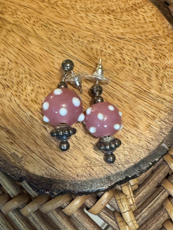 Vintage Silver and Pink Balls with White Polka Dot Earrings
