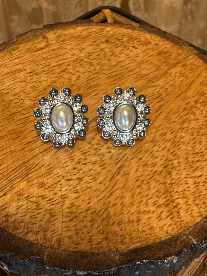 Vintage Silver Faux Grey Pearl & Rhinestone Earrings
