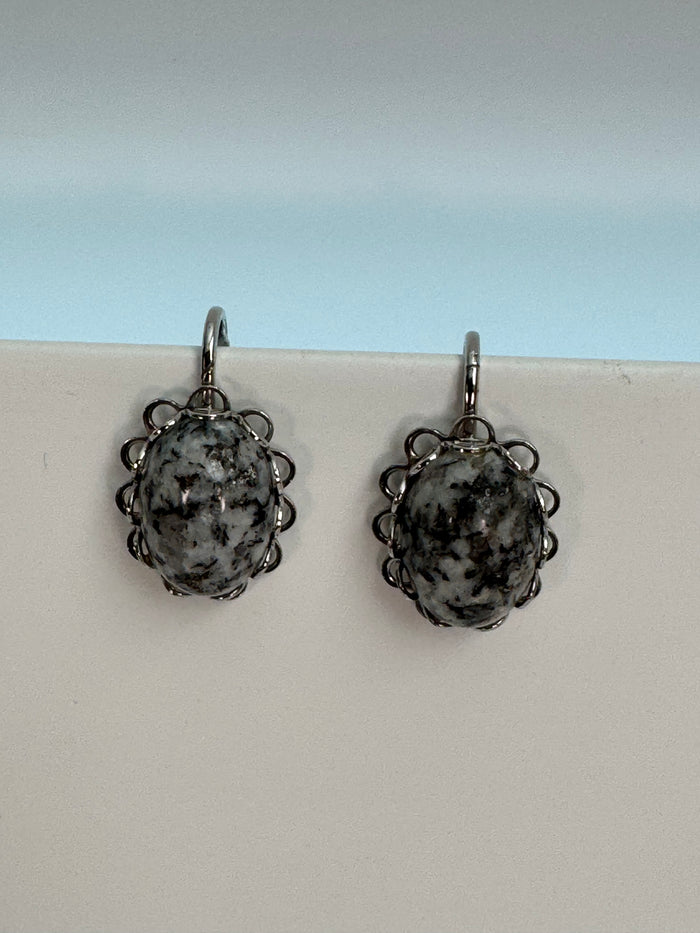 Vintage Silver-Tone Black & White Speckled Cabochon Leverback Earrings