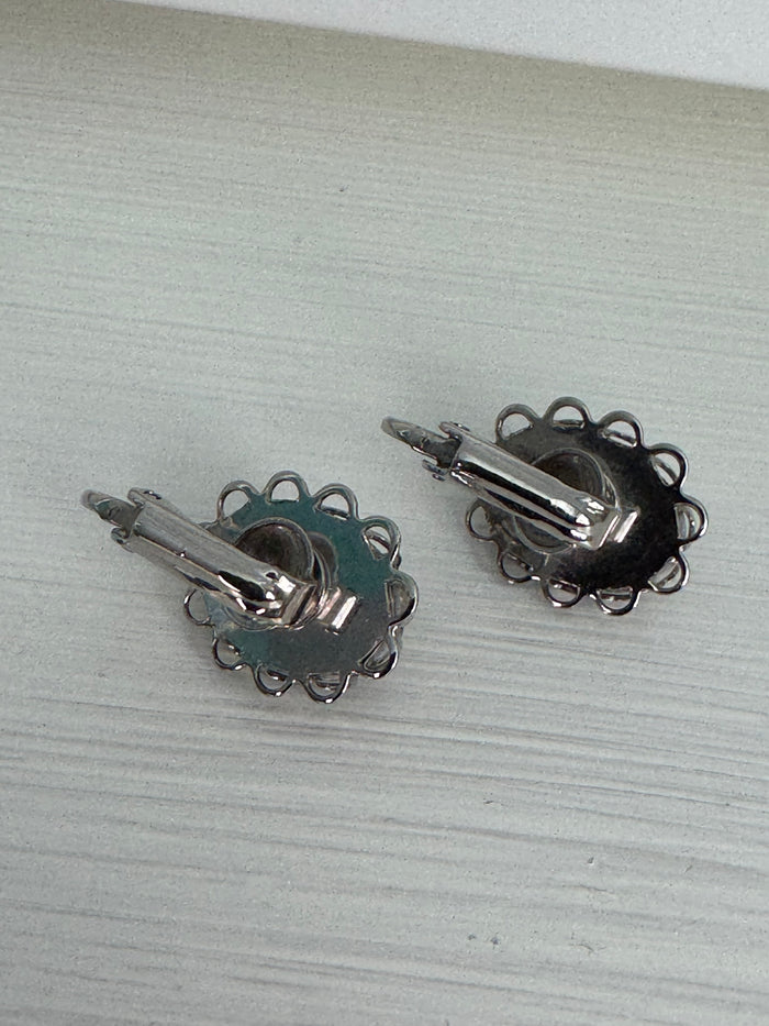 Vintage Silver-Tone Black & White Speckled Cabochon Leverback Earrings