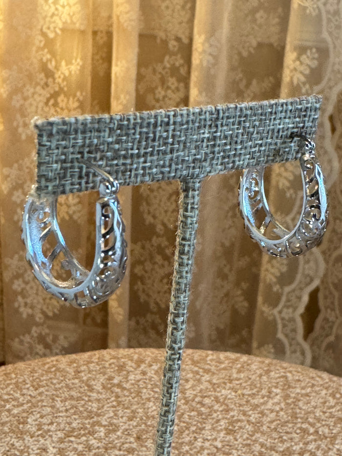 Vintage Silver Tone Filigree Hoop Earrings