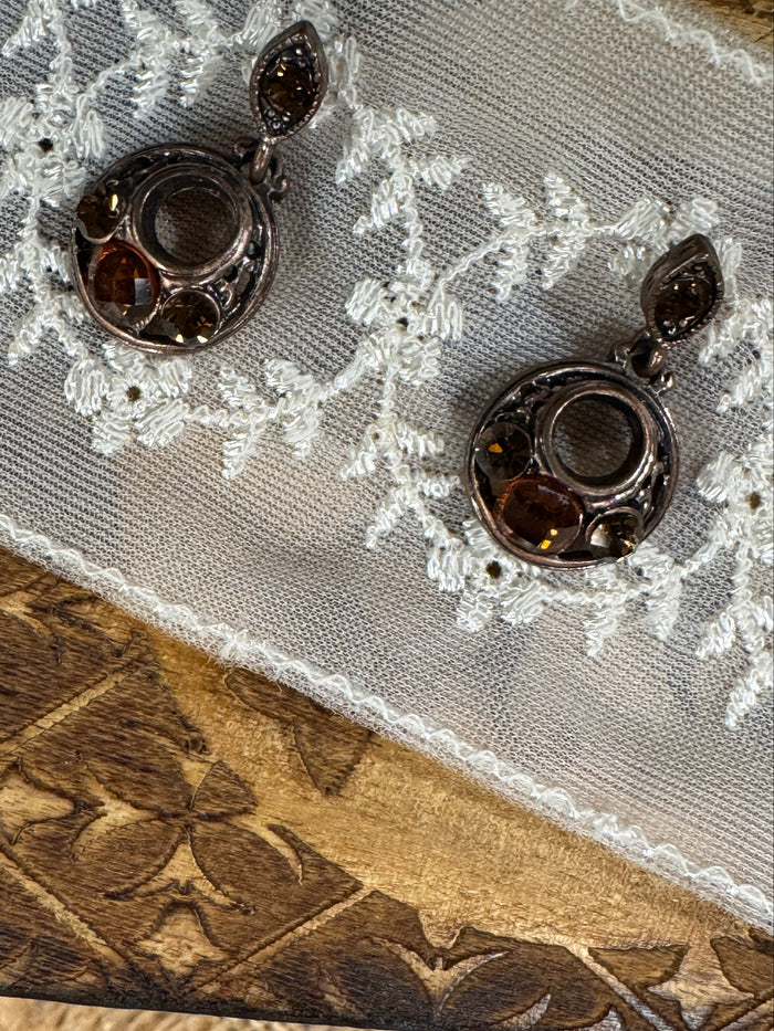 Vintage Smoky Crystal Filigree Dangle Earrings