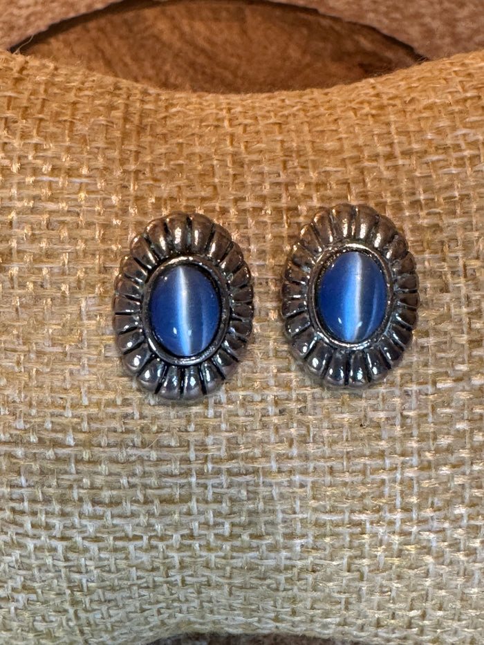 Vintage Sterling Silver Blue Cat Eye Stud Earrings