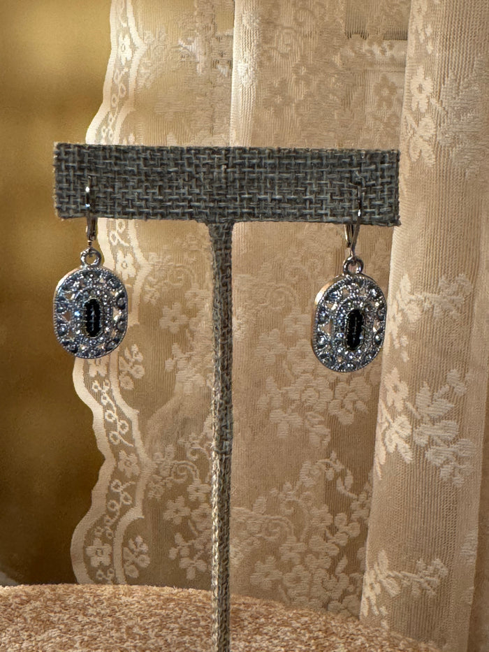 Vintage-Style Black Oval Dangle Earrings with Clear Accents