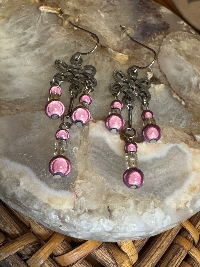 Vintage-Style Celtic Knot Chandelier Earrings – Pink Glass Bead Dangles