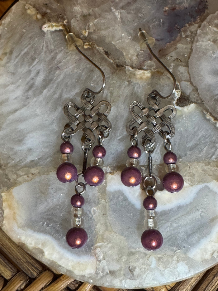 Vintage-Style Celtic Knot Chandelier Earrings – Pink Glass Bead Dangles