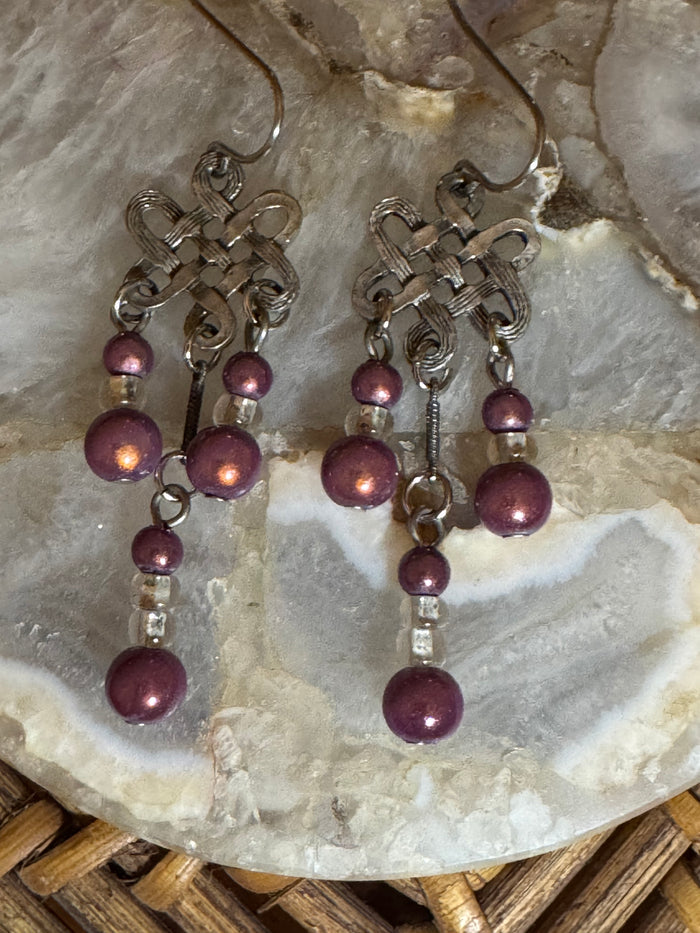 Vintage-Style Celtic Knot Chandelier Earrings – Pink Glass Bead Dangles