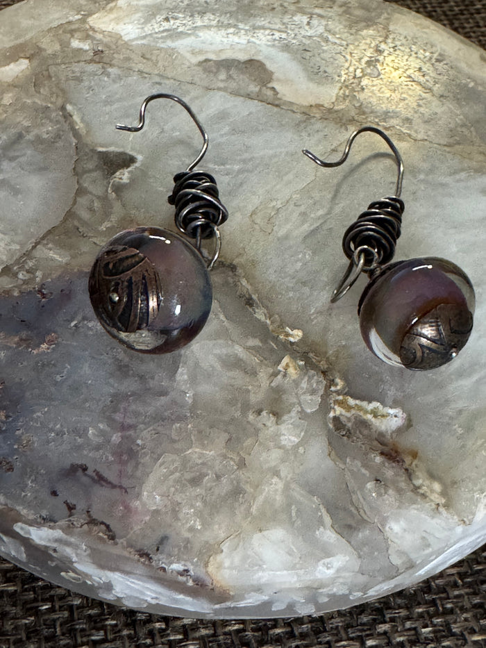 Vintage-Style Purple Bead Drop Earrings | Silver-Tone Wire Wrap Design