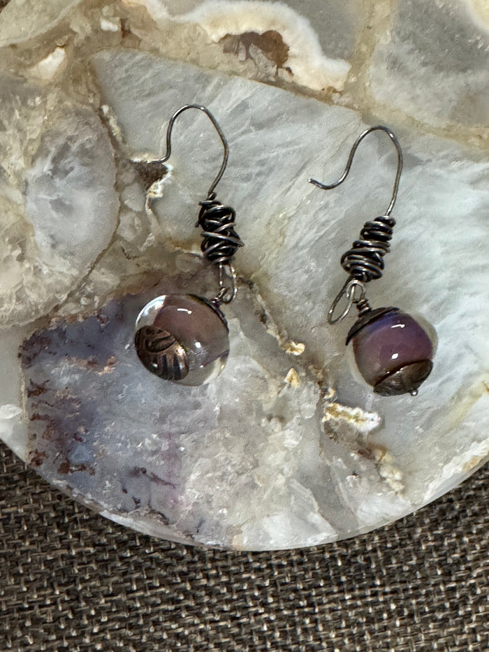 Vintage-Style Purple Bead Drop Earrings | Silver-Tone Wire Wrap Design