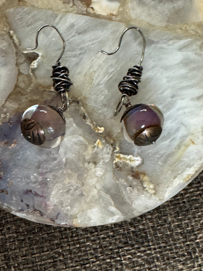 Vintage-Style Purple Bead Drop Earrings | Silver-Tone Wire Wrap Design