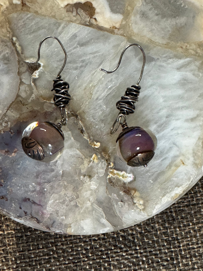 Vintage-Style Purple Bead Drop Earrings | Silver-Tone Wire Wrap Design