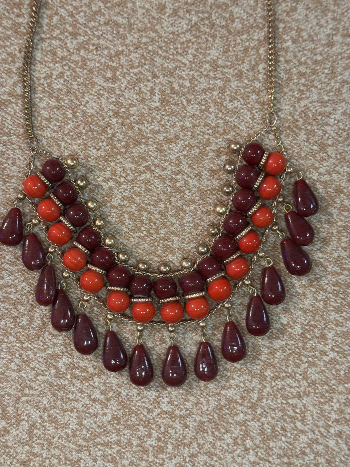 Vintage-Style Red and Burgundy Multi-Strand Statement Necklace – Gold-Tone Accents