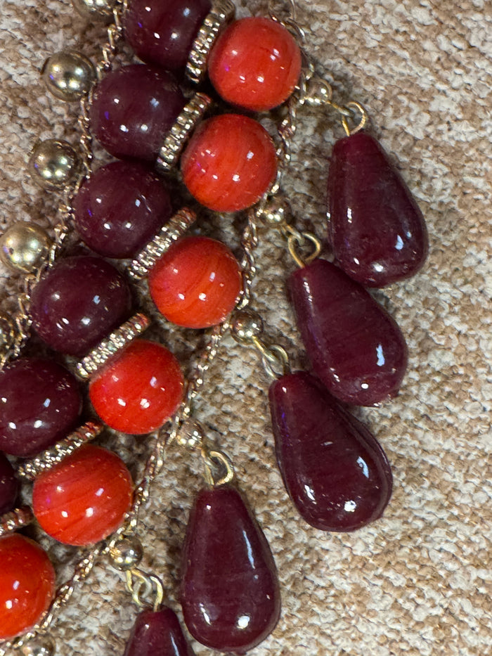 Vintage-Style Red and Burgundy Multi-Strand Statement Necklace – Gold-Tone Accents