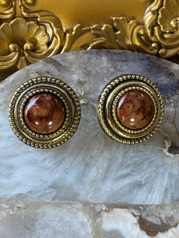 Vintage-Style Round Stud Earrings with Earth-Tone Cabochons