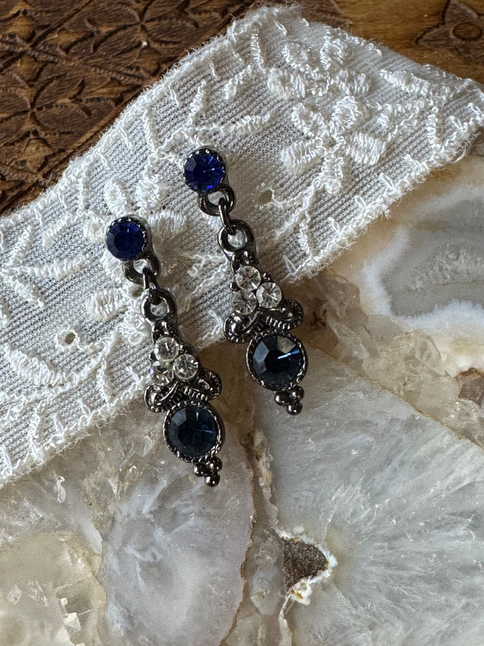 Vintage-Style Sapphire Blue & Clear Crystal Drop Earrings