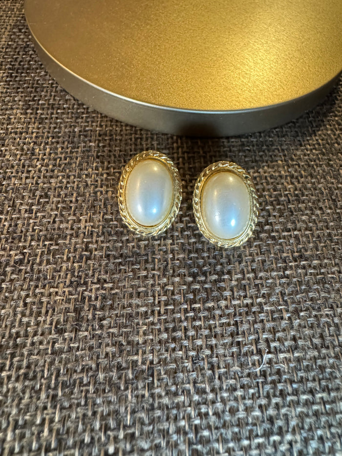 Vintage Trifari Gold and Pearl Button Stud Earrings | Circa 1980s