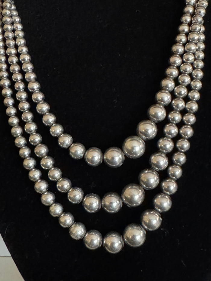 Vintage Triple-Strand Graduated Sterling Silver Bead Necklace — 18" (17 g, ~75 Years Old)