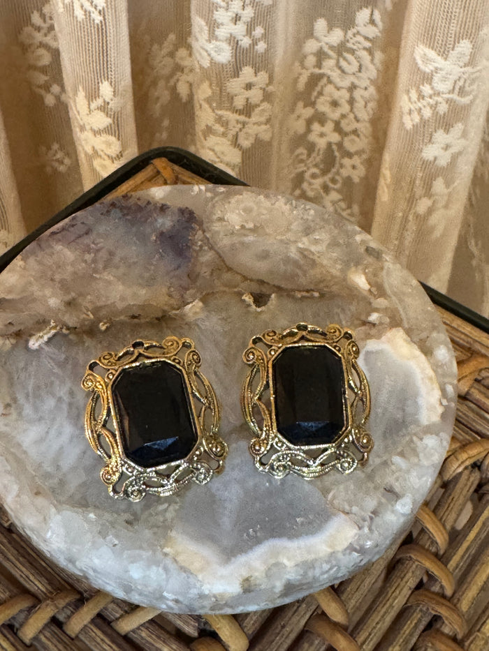 Vintage Victorian Revival Gold Tone Stud Earrings Black Glass Gothic Statement