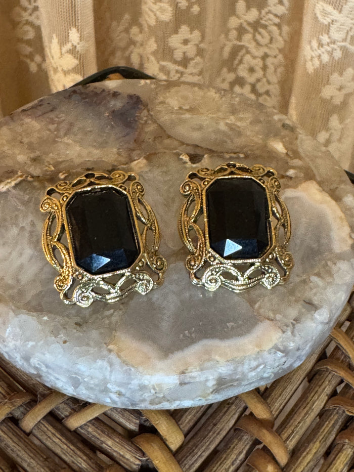 Vintage Victorian Revival Gold Tone Stud Earrings Black Glass Gothic Statement