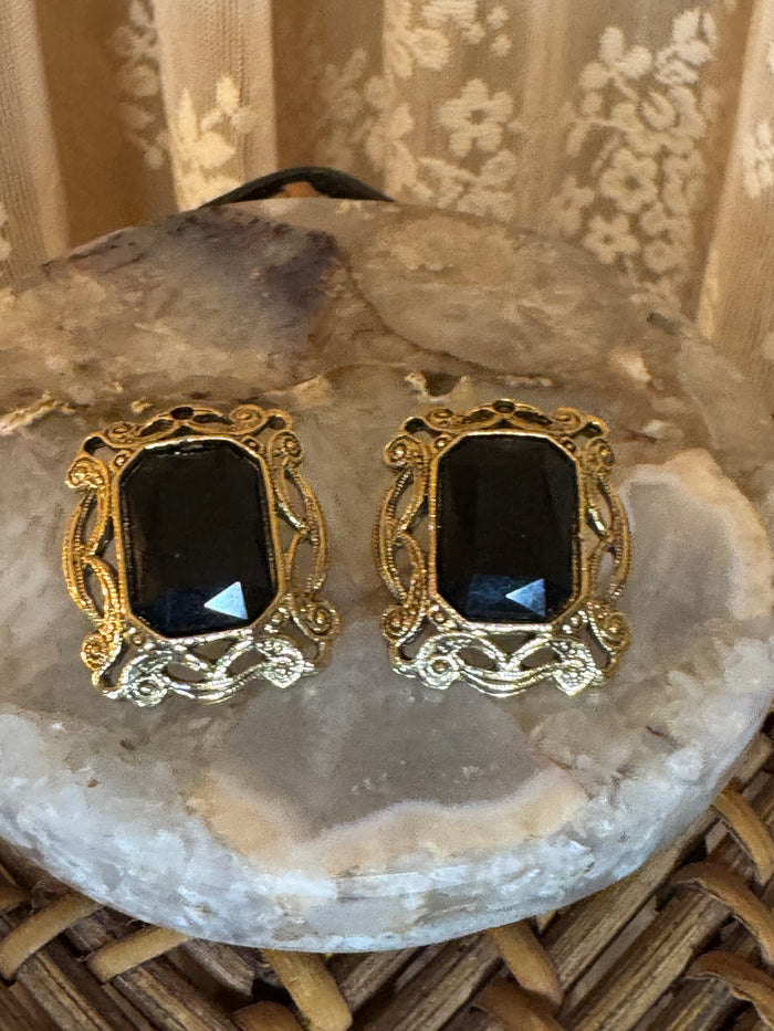 Vintage Victorian Revival Gold Tone Stud Earrings Black Glass Gothic Statement