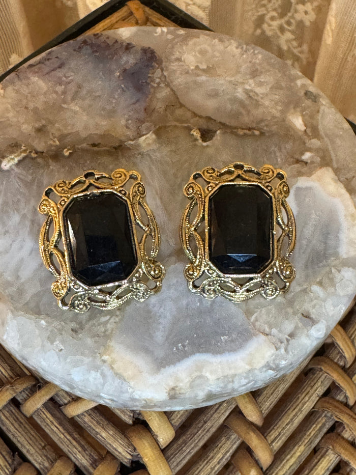 Vintage Victorian Revival Gold Tone Stud Earrings Black Glass Gothic Statement