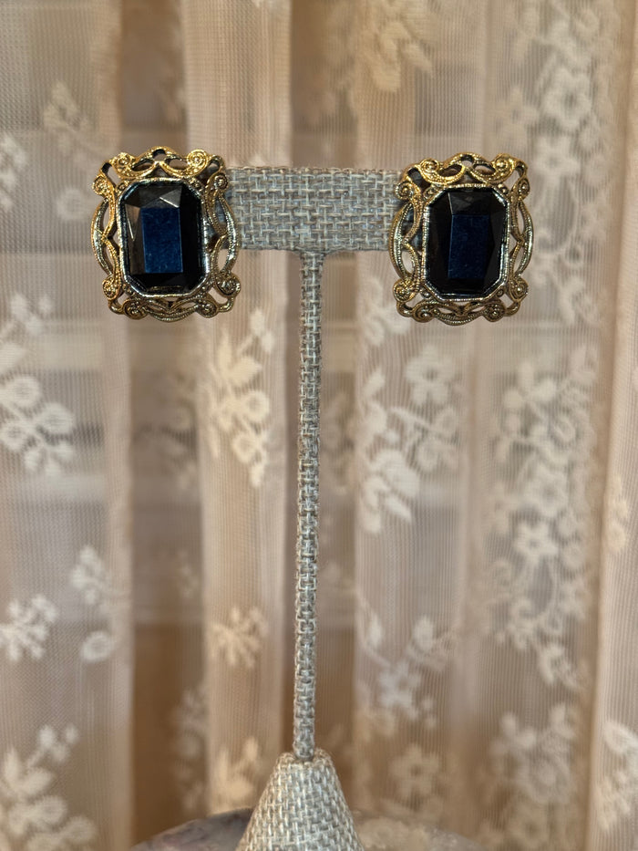 Vintage Victorian Revival Gold Tone Stud Earrings Black Glass Gothic Statement