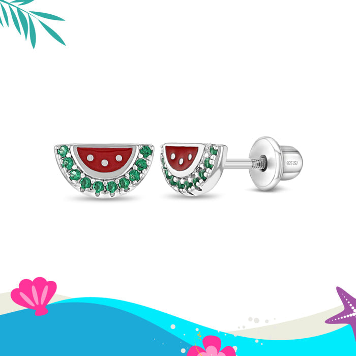 Watermelon Season Baby / Toddler Earrings Screw Back Enamel - Sterling Silver