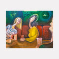 When Women Talk by Dara Theodora: Abstract oil painting with vibrant green lighting, red seating, and martini glasses on wooden table