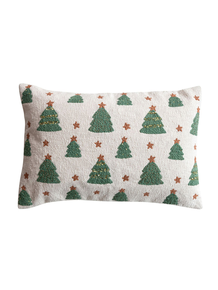 Woven Cotton Lumbar Pillow w/Tufted Christmas Trees - Embroidery & Beads (Pick Up Only)