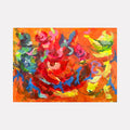 You are my world by Dionysia Adamopoulou: vibrant abstract floral painting with swirling red roses against orange background, bold acrylic brushstrokes