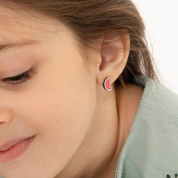 Yummy Watermelon Kids / Children's / Girls Earrings Screw Back Enamel - Sterling Silver